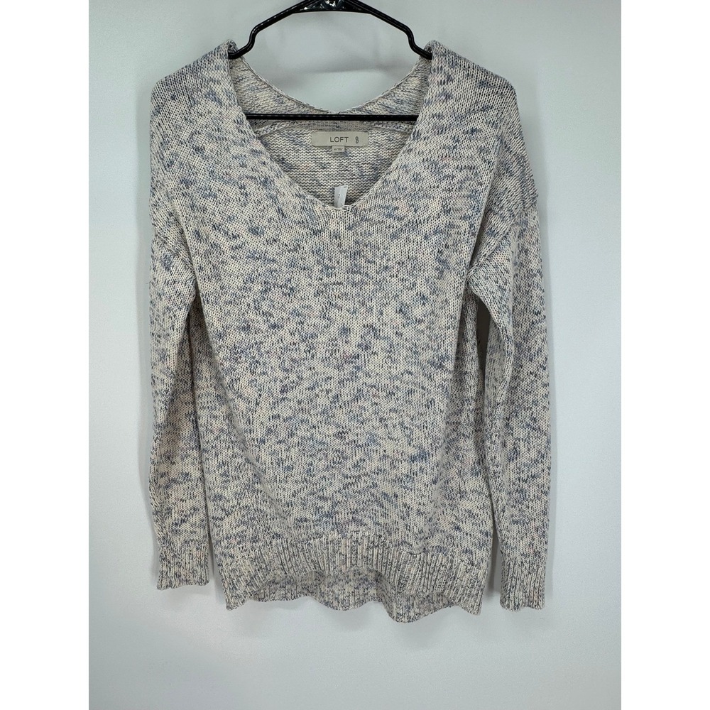 LOFT Women's XS Cotton Blend Long Sleeve V-Neck Sweater Gray Speckled Pullover